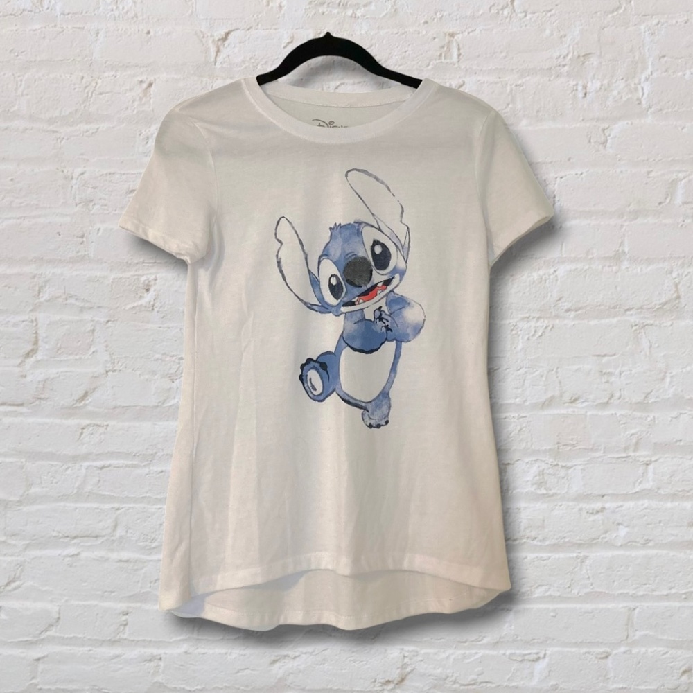Disney White Blue Leo & Stitch Regular Hem Graphic T- Shirt